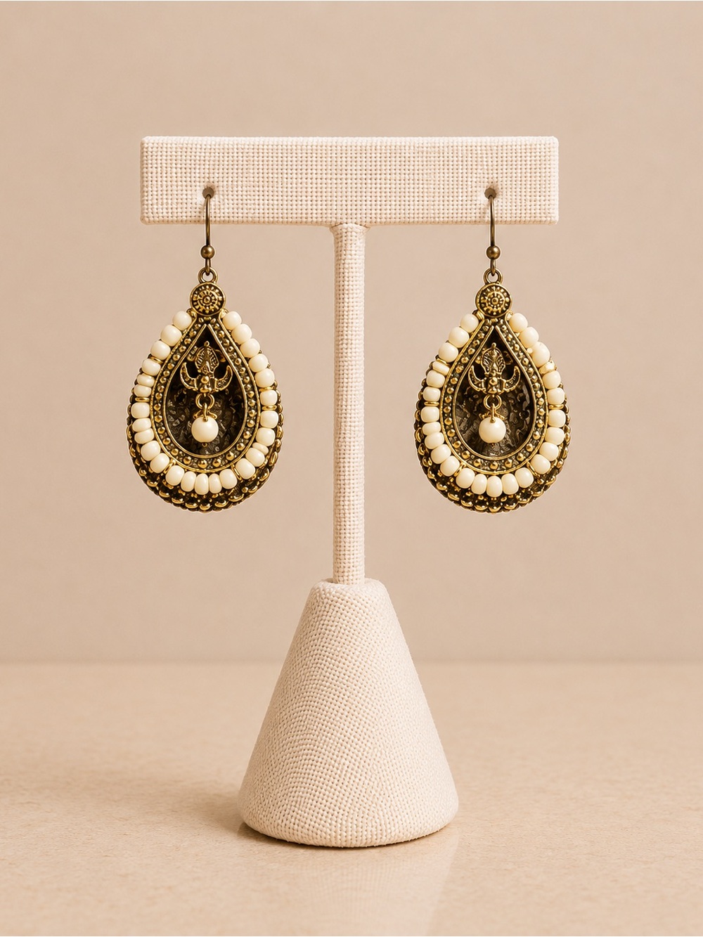 Vintage Gold Tone Beaded Teardrop Dangle Earrings White Seed Beads Rhinestone Bo